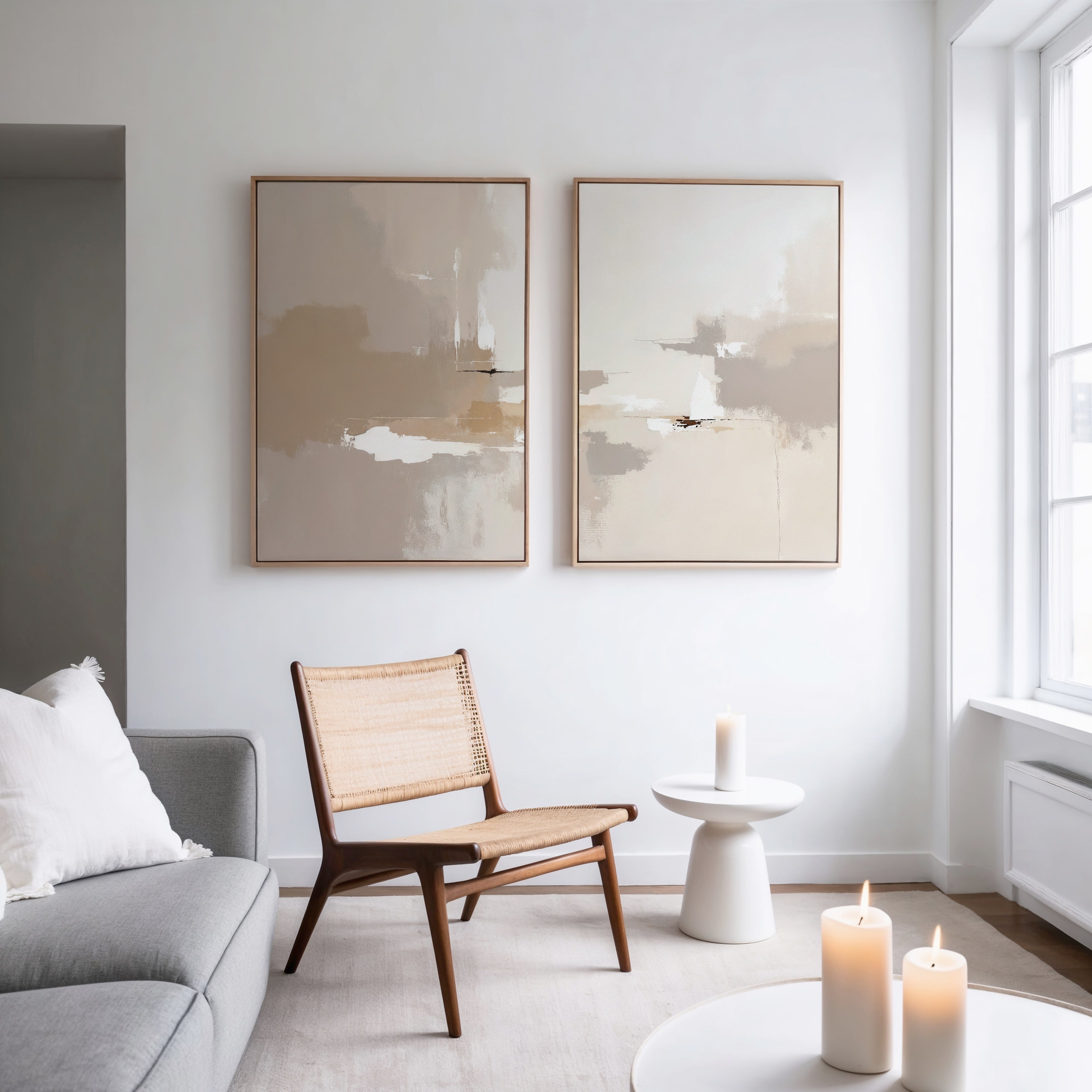 A modern, minimalist living room featuring the Neutral Territory - Set Of 2 wooden chairs, a small round side table with a lit candle, additional candles on a low table, minimalist artwork, and natural light from large windows.