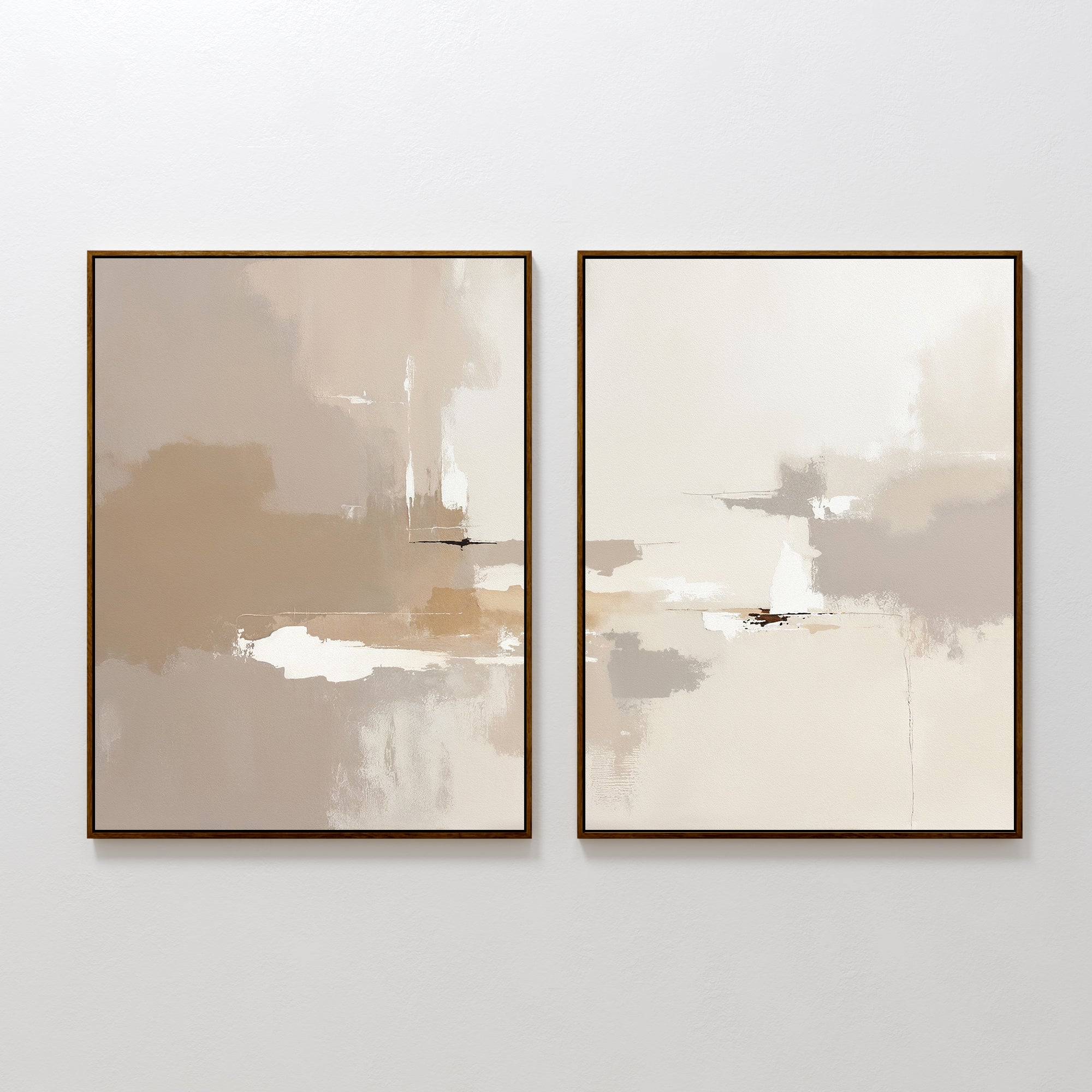 Neutral Territory - Set Of 2 features two minimalist abstract prints in beige, brown, and white with soft brushstrokes and geometric shapes. Each is framed with a thin dark border, perfect for adding contemporary elegance to your space.