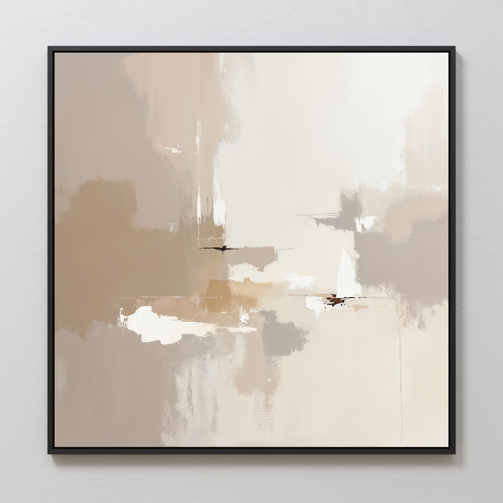 Neutral Territory Canvas Art - Square features abstract beige, tan, cream, and white brushstrokes with blended edges in a thin black frame, adding minimalist elegance to any light-colored wall.