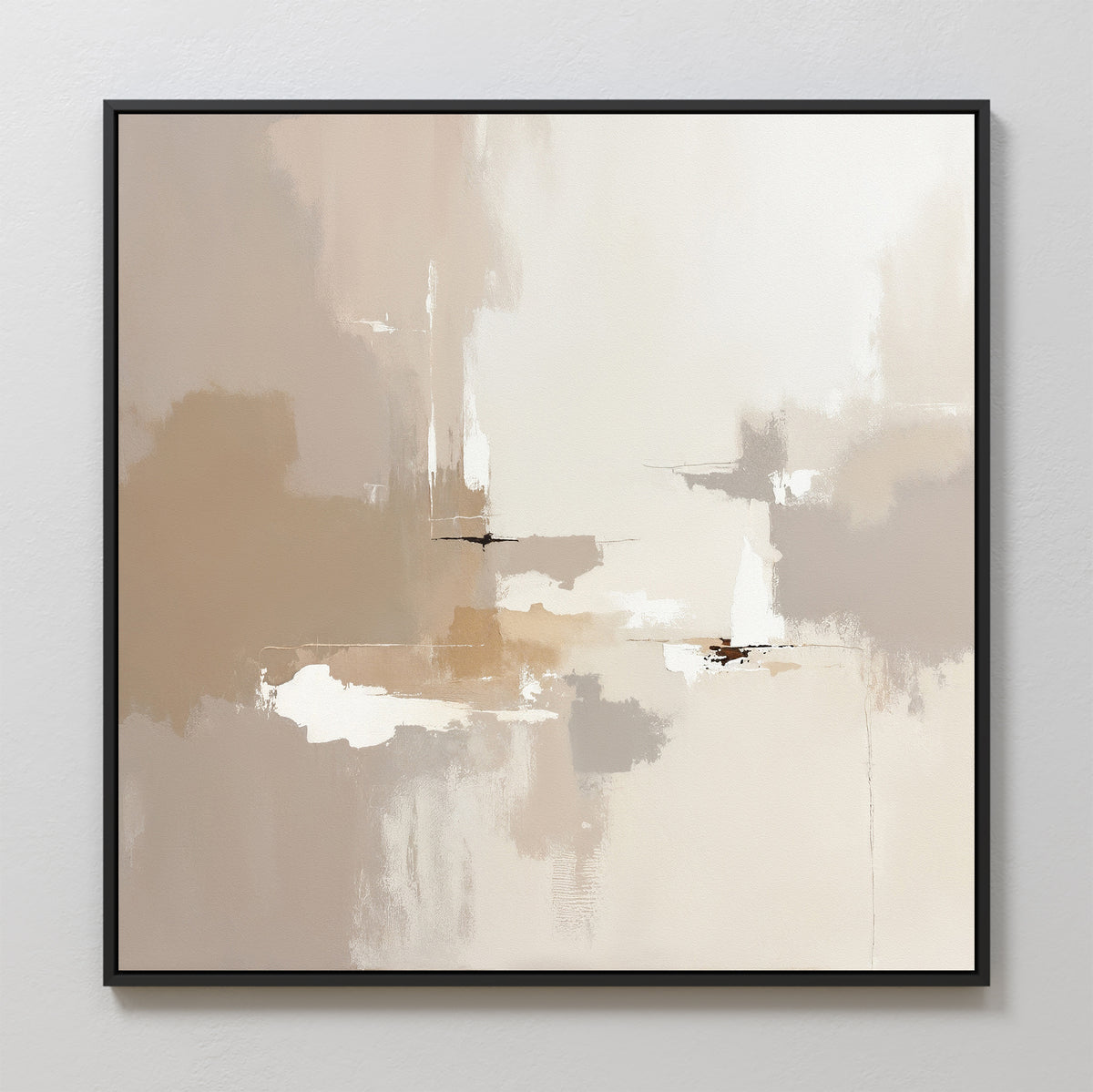 Neutral Territory Canvas Art - Square features abstract beige, tan, cream, and white brushstrokes with blended edges in a thin black frame, adding minimalist elegance to any light-colored wall.