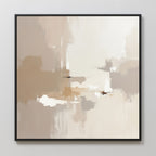 Neutral Territory Canvas Art - Square features abstract beige, tan, cream, and white brushstrokes with blended edges in a thin black frame, adding minimalist elegance to any light-colored wall.