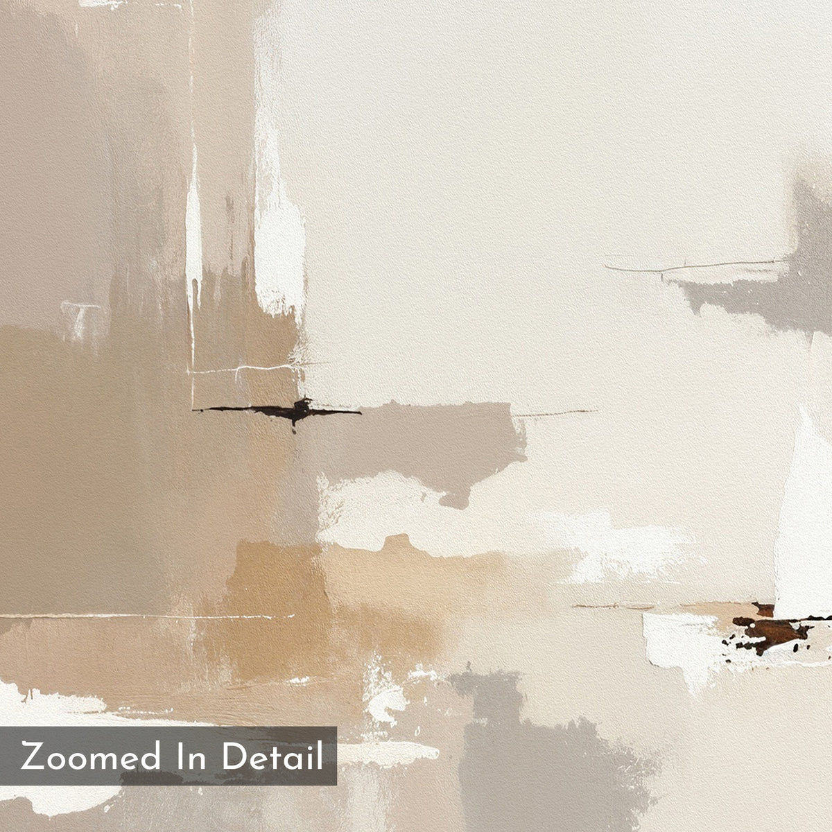 Zoomed-in detail of the Neutral Territory Canvas Art - Square, a minimalist piece in cream, beige, taupe, and white with layered brushstrokes and subtle dark accents, highlighting texture and modern elegance on canvas.