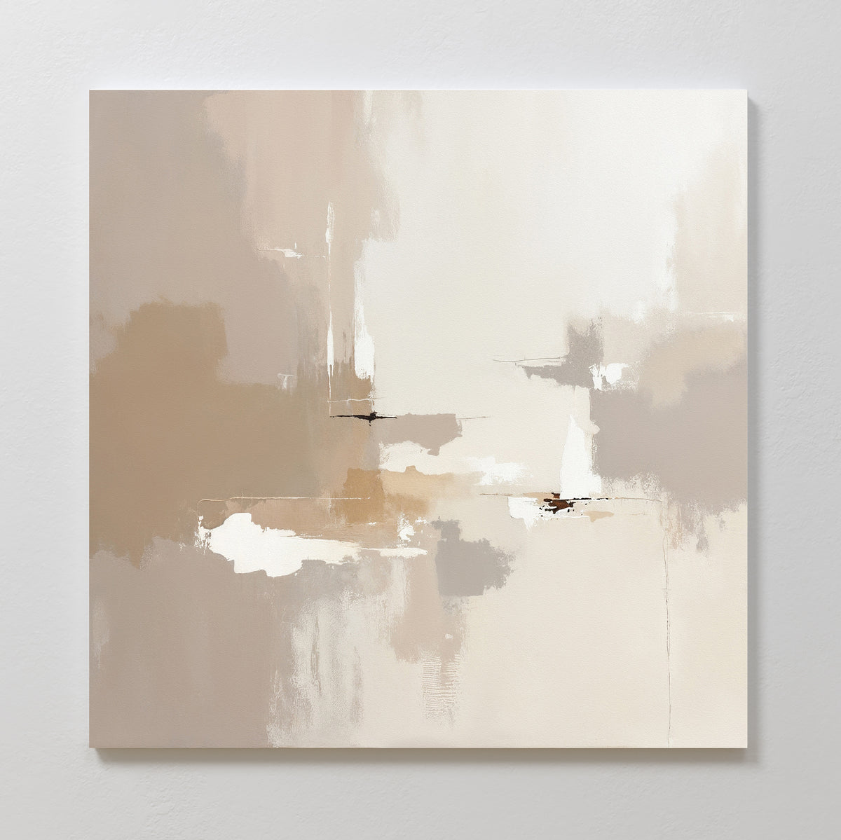 Neutral Territory Canvas Art - Square features soft, blended shades of beige, tan, light brown, and white with textured brushstrokes. This minimalist artwork brings contemporary elegance and depth to any space with its balanced composition.