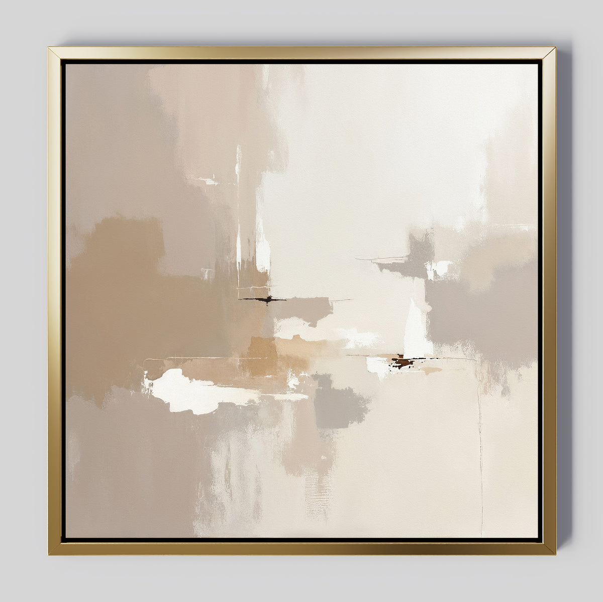Neutral Territory Canvas Art - Square features soft beige, taupe, and white brushstrokes with layered textures and subtle blending. Framed in gold and black, it brings minimalist elegance against a light gray background.