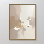 Neutral Territory Canvas Art - Vertical features soft beige, cream, taupe, and white tones blended in textured brushstrokes. This minimalist piece comes in a slim light frame, ideal for modern living rooms with plain white walls.