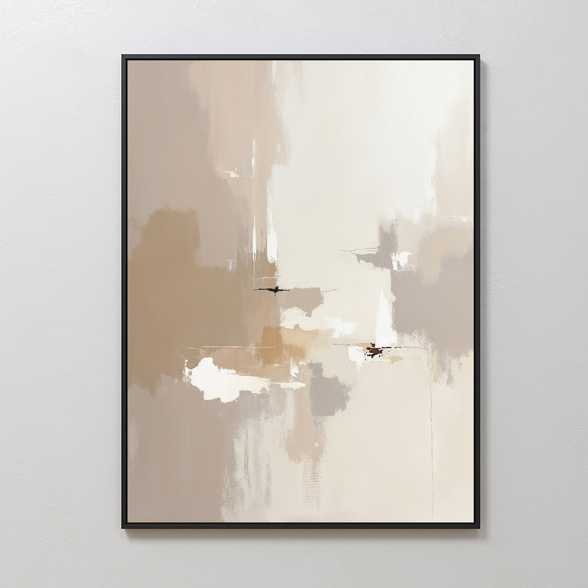 Neutral Territory Canvas Art - Vertical features soft beige, tan, white, and muted gray shapes with gentle brushstrokes in a black frame. This minimalist artwork adds sophisticated style to any modern living room.