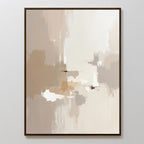 Neutral Territory Canvas Art - Vertical features soft blends of beige, tan, cream, and white in cloud-like forms and bold strokes. This minimalist artwork is ideal for modern living rooms and comes framed with a sleek, dark border.