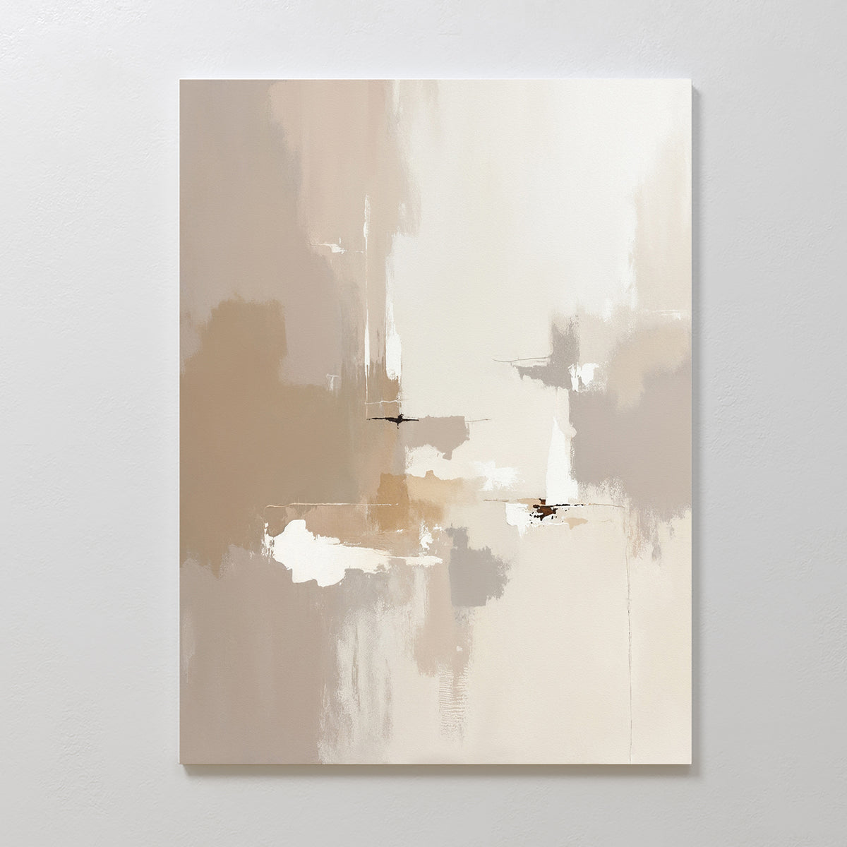 Neutral Territory Canvas Art - Vertical features soft beige, tan, white, and light brown tones with bold brushstrokes and rectangles. This minimalist piece enhances modern living rooms, adding a calm, contemporary vibe to any white wall.