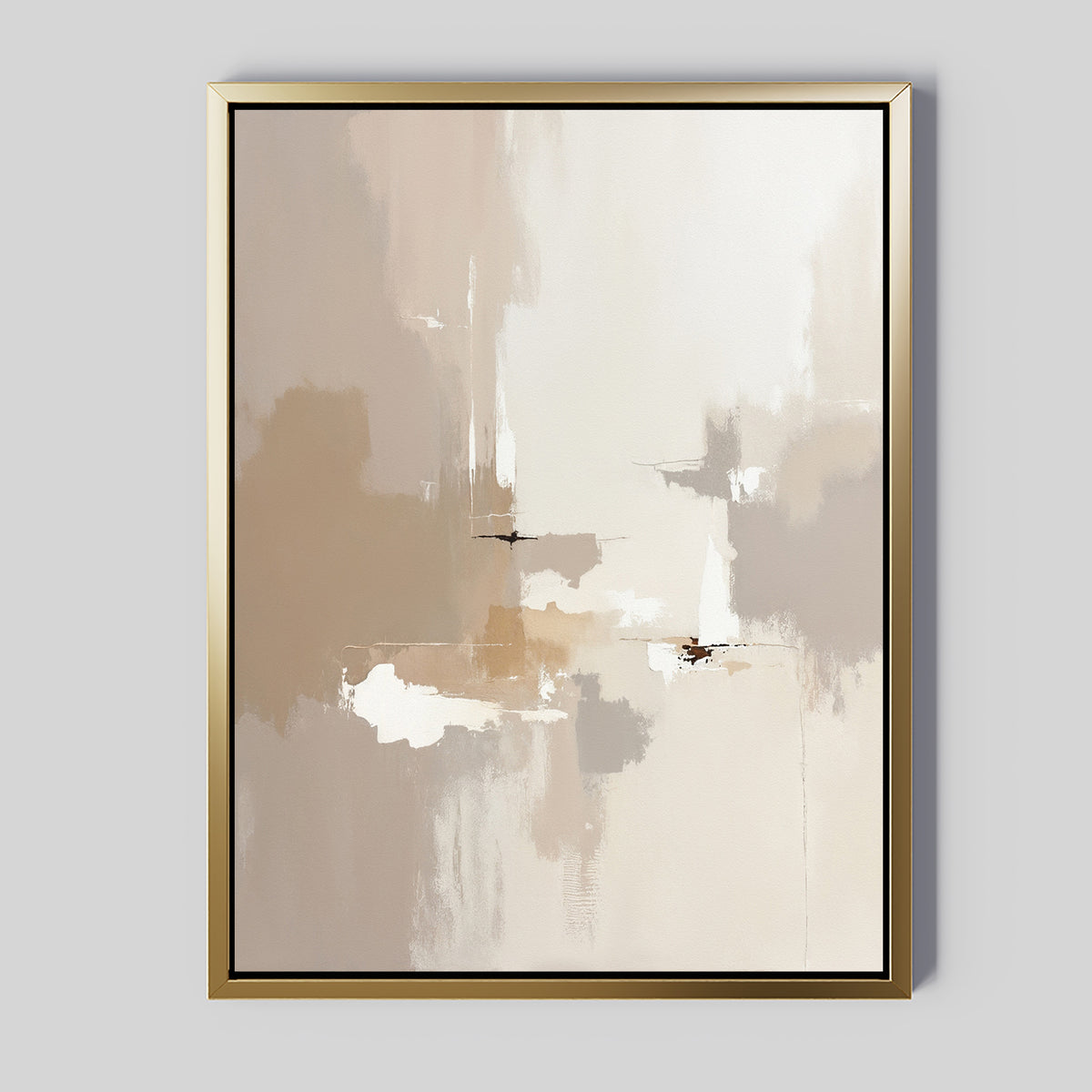 The Neutral Territory Canvas Art - Vertical features layered beige, white, and brown abstract shapes with a gold frame and light gray background, adding a calm, minimalist touch to modern living rooms.