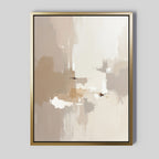 The Neutral Territory Canvas Art - Vertical features layered beige, white, and brown abstract shapes with a gold frame and light gray background, adding a calm, minimalist touch to modern living rooms.