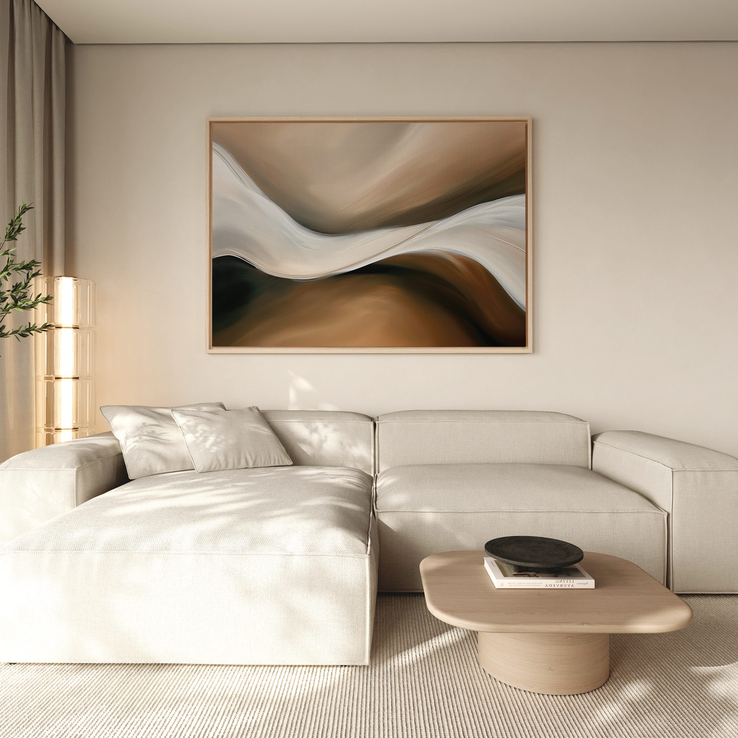 A modern living room with a light beige sectional, low wooden coffee table, and Neutral Landscape River Abstract Canvas Art on a neutral wall. Soft natural light fills the space.
