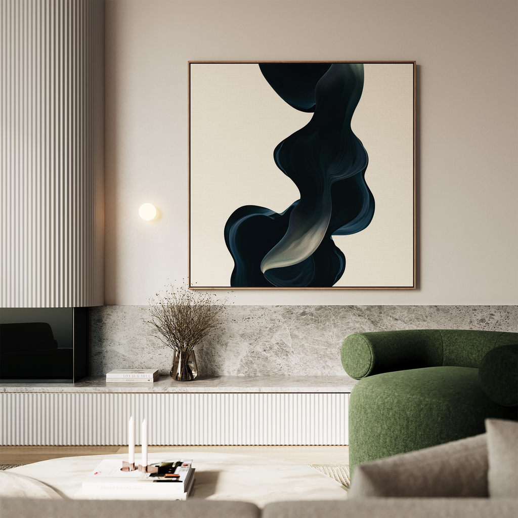 A modern living room features a green armchair, marble-topped console, and the Nocturnal Wave Abstract Canvas Art with dark shapes on a beige wall. A vase with dried branches completes the look, enhanced by soft, warm lighting.