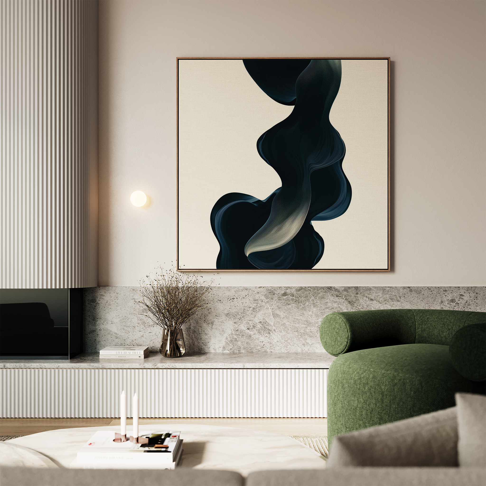 A modern living room features a green armchair, marble-topped console, and the Nocturnal Wave Abstract Canvas Art with dark shapes on a beige wall. A vase with dried branches completes the look, enhanced by soft, warm lighting.