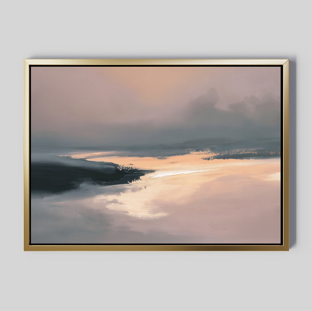 The Nordic Fjord Canvas Art - Horizontal features a serene abstract landscape in soft pink, beige, and gray tones, with misty water reflections—an elegant, modern piece for your wall.
