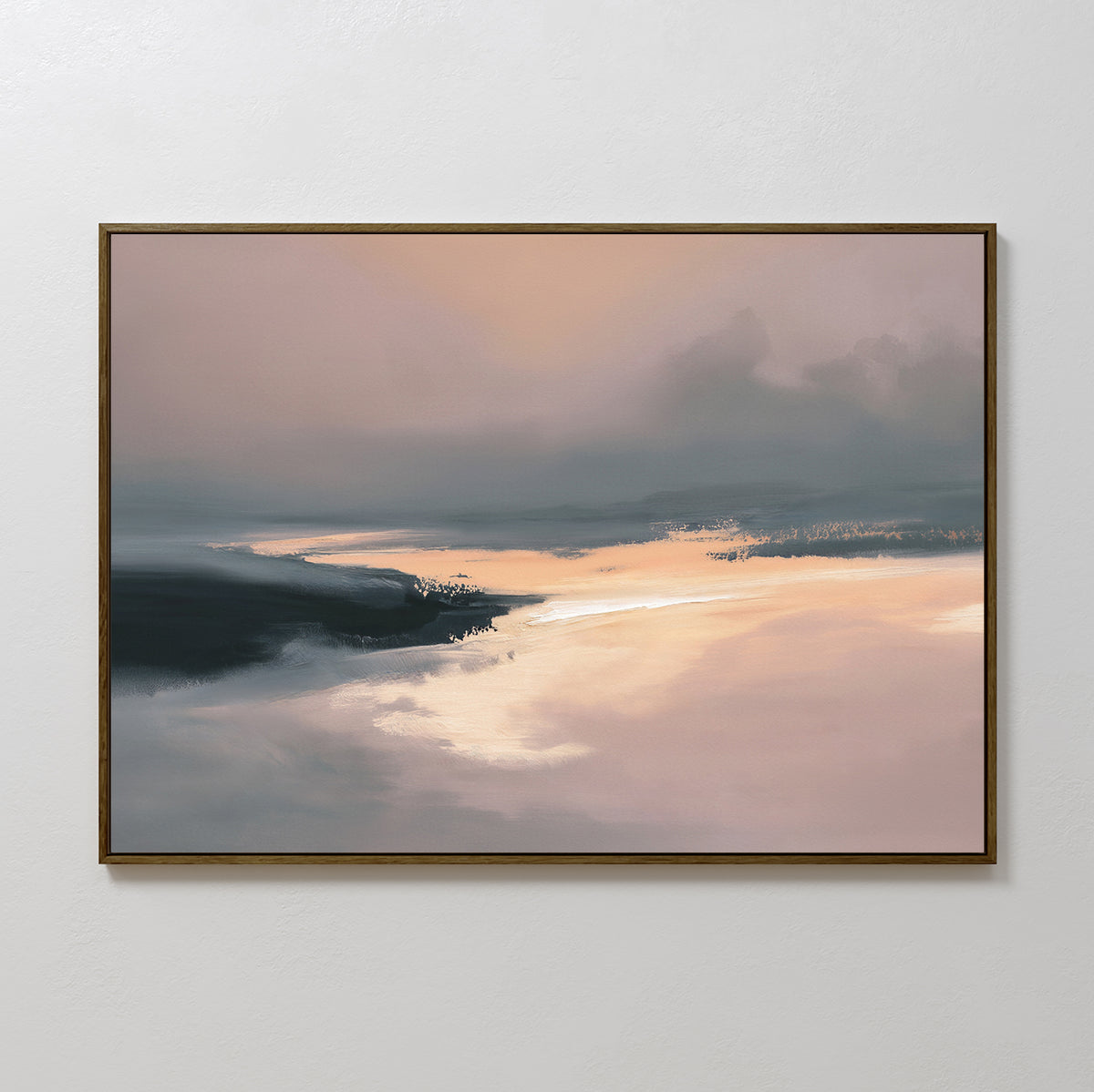 The Nordic Fjord Canvas Art - Horizontal features a soft, abstract landscape in muted pink, gray, and cream with a hazy sky over serene waters—ideal wall art to create a tranquil atmosphere.