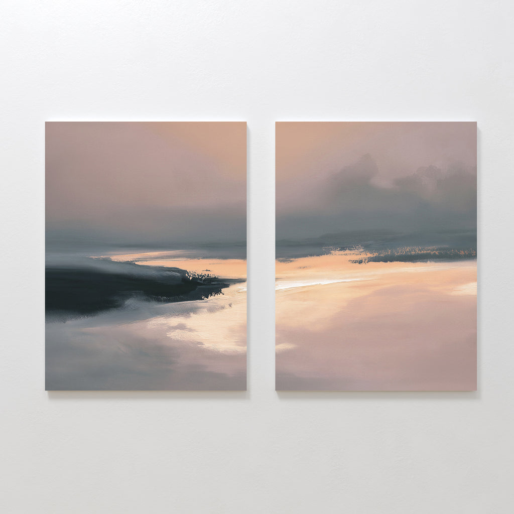The "Nordic Fjord - Set Of 2" features abstract prints in soft beige, peach, and gray tones, perfect for adding a tranquil shoreline vibe and peaceful touch to your living room decor.