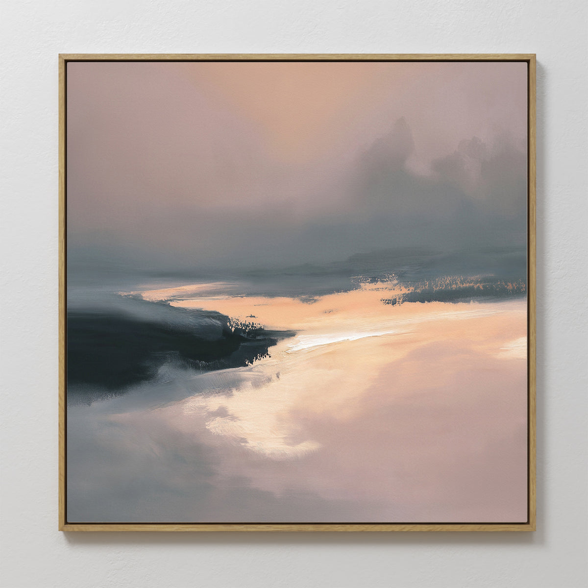 The Nordic Fjord Canvas Art - Square features a serene abstract landscape in soft peach, pink, grey, and cream tones within a light wooden frame. Perfect for adding calm to your space, it evokes a peaceful river winding through misty surroundings.