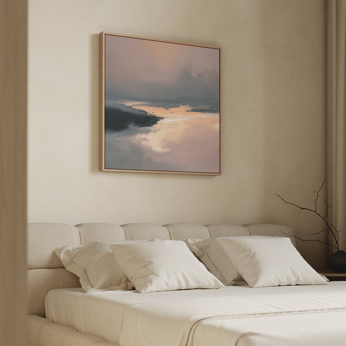 A minimal, neutral-toned bedroom with a light beige bed, white pillows, and a soft headboard. Above the bed hangs the Nordic Fjord Canvas Art - Square, adding peaceful blue and pink tones. A bare branch in a vase sits on the bedside table.