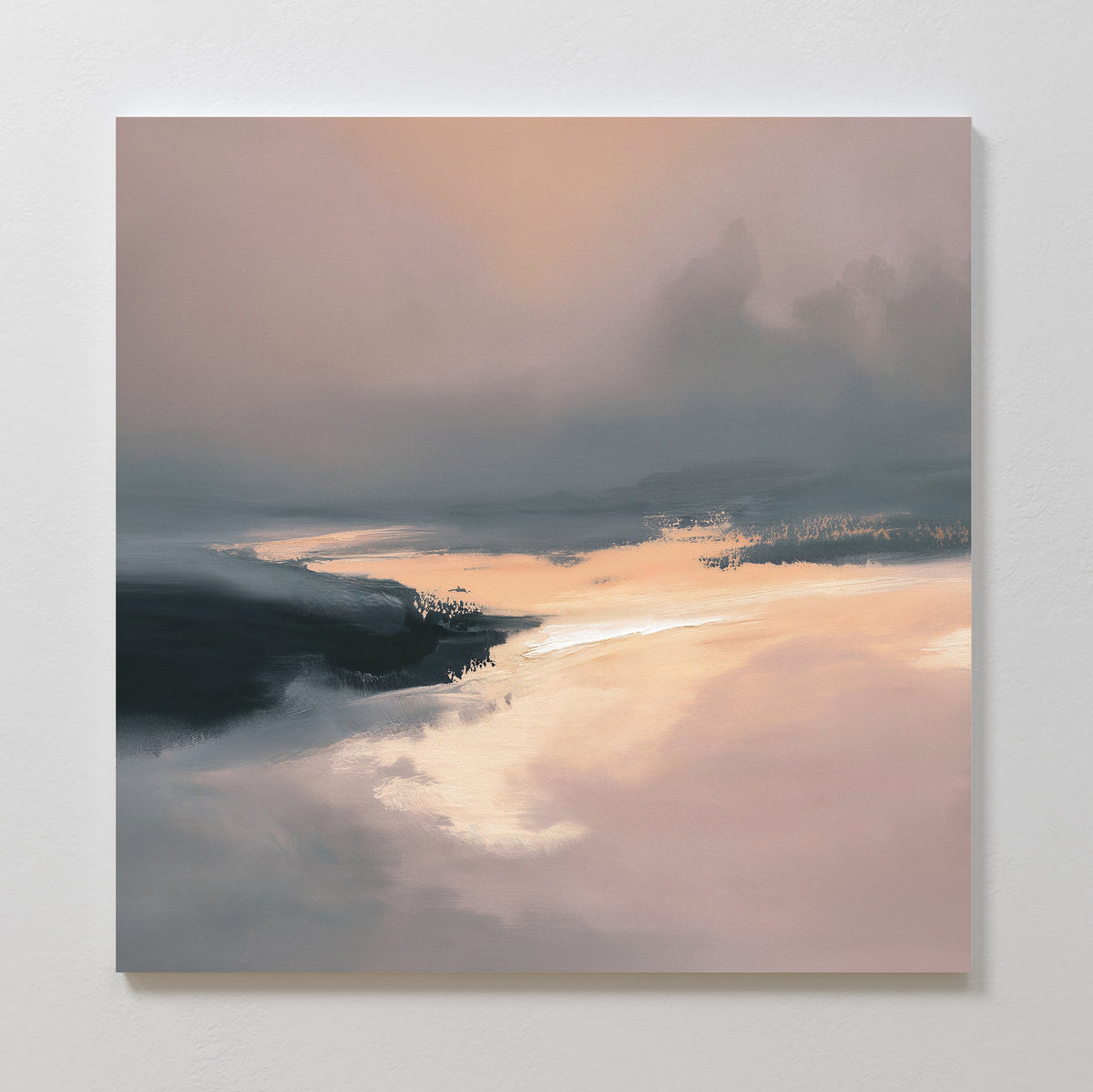 Nordic Fjord Canvas Art - Square features an abstract misty landscape in soft pink, gray, and beige tones. Gentle light on water creates a tranquil, dreamy vibe—ideal as peaceful wall art to enhance any space.
