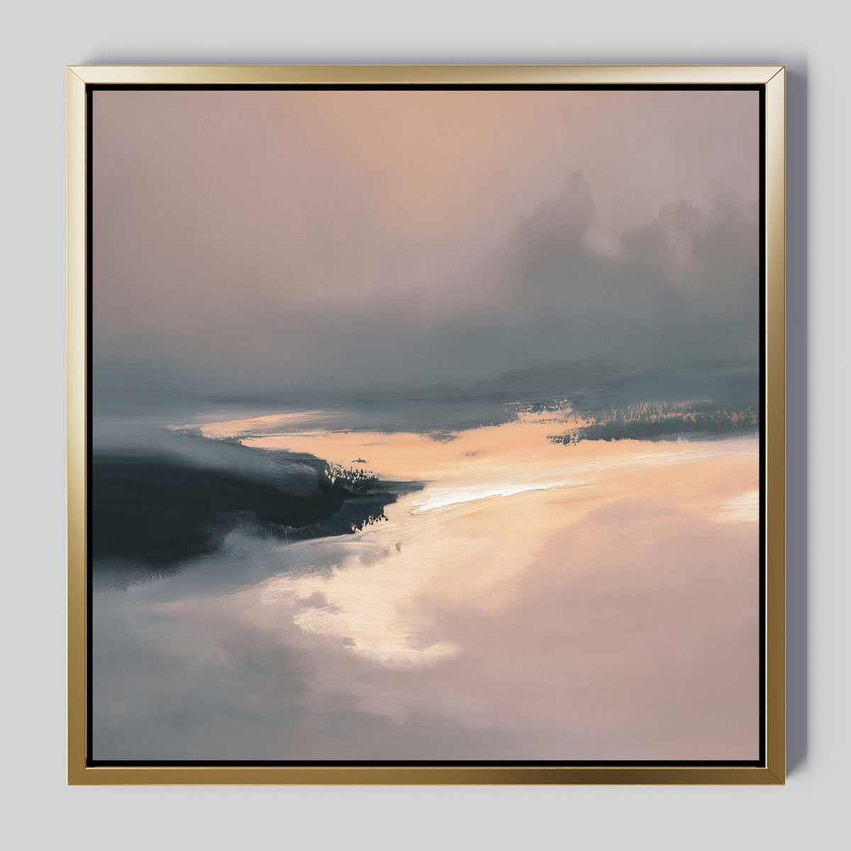 The Nordic Fjord Canvas Art - Square features a serene abstract landscape in soft peach, gray, and cream tones. Framed in a slim gold frame, this peaceful wall art is perfect for adding tranquility to any space.