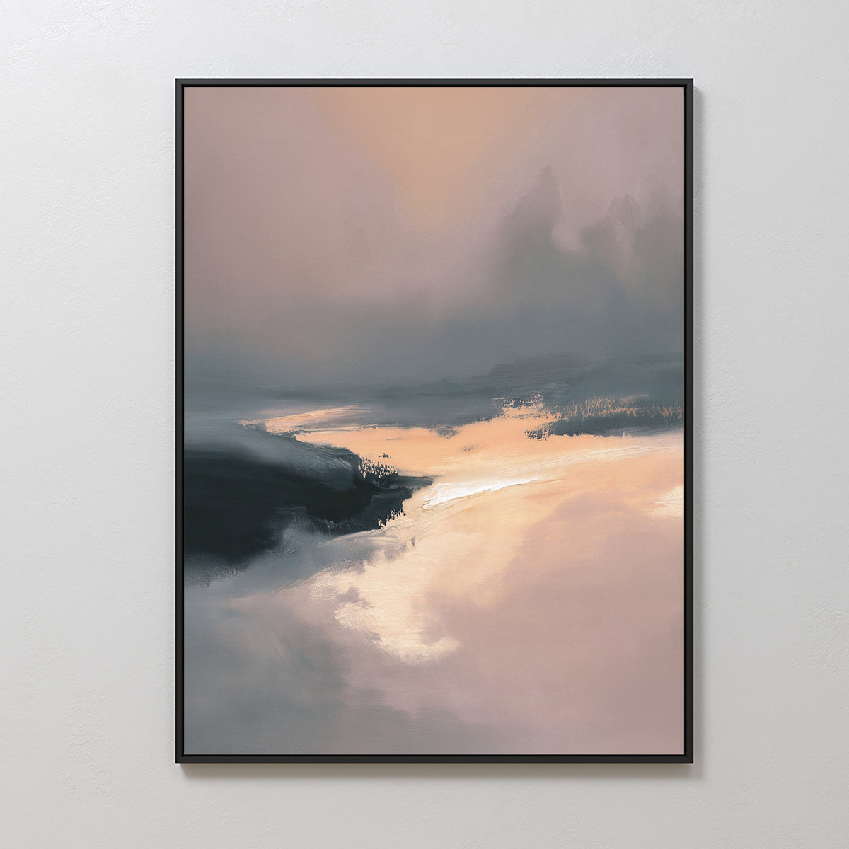 The Nordic Fjord Canvas Art - Vertical features soft hues of peach, gray, and cream in a misty shoreline scene, creating a calm, serene atmosphere inspired by tranquil Nordic landscapes.