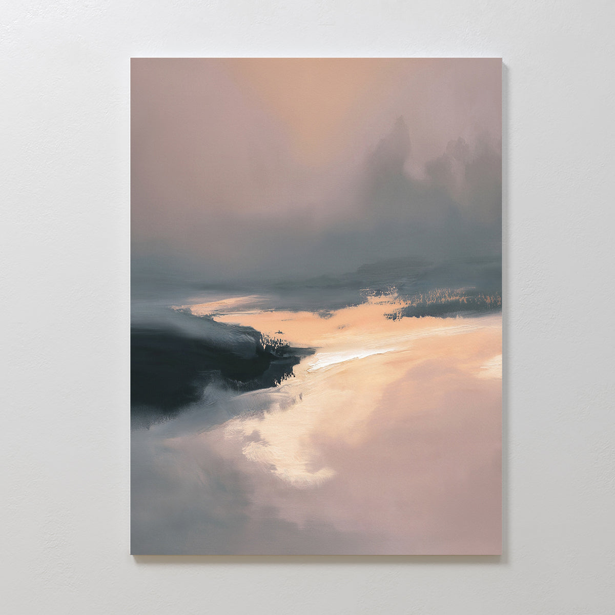 The Nordic Fjord Canvas Art - Vertical features a soft abstract landscape in muted peach, gray, and cream tones. Light shimmers on a river or path amid blurred trees and mist, creating dreamily tranquil wall art inspired by Nordic fjords.