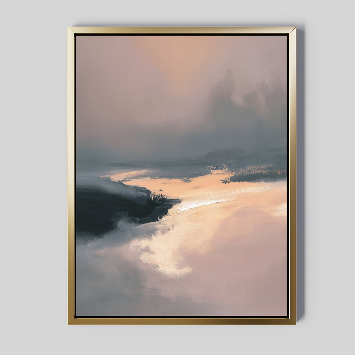 The Nordic Fjord Canvas Art - Vertical features an abstract misty fjord landscape in muted peach, pink, and blue-gray tones with a radiant center. Its gold frame stands out beautifully against a light gray wall.