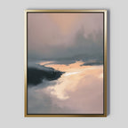 The Nordic Fjord Canvas Art - Vertical features an abstract misty fjord landscape in muted peach, pink, and blue-gray tones with a radiant center. Its gold frame stands out beautifully against a light gray wall.