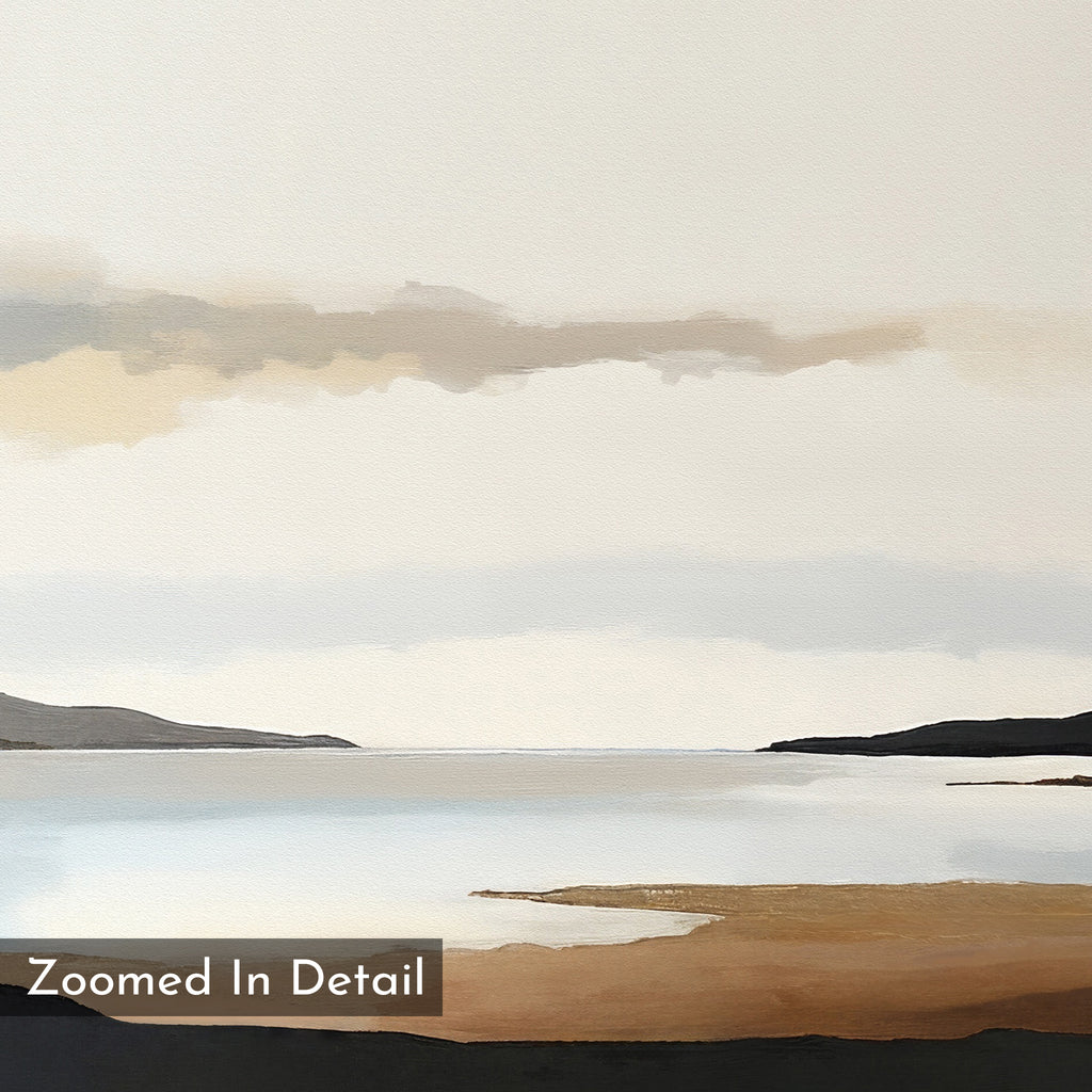 The Nordic Waters Canvas Art - Horizontal features a minimalist landscape with calm water, distant dark hills, soft muted clouds, and a sandy shore—perfect as calming wall art for any space. "Zoomed In Detail" text appears in the bottom left.