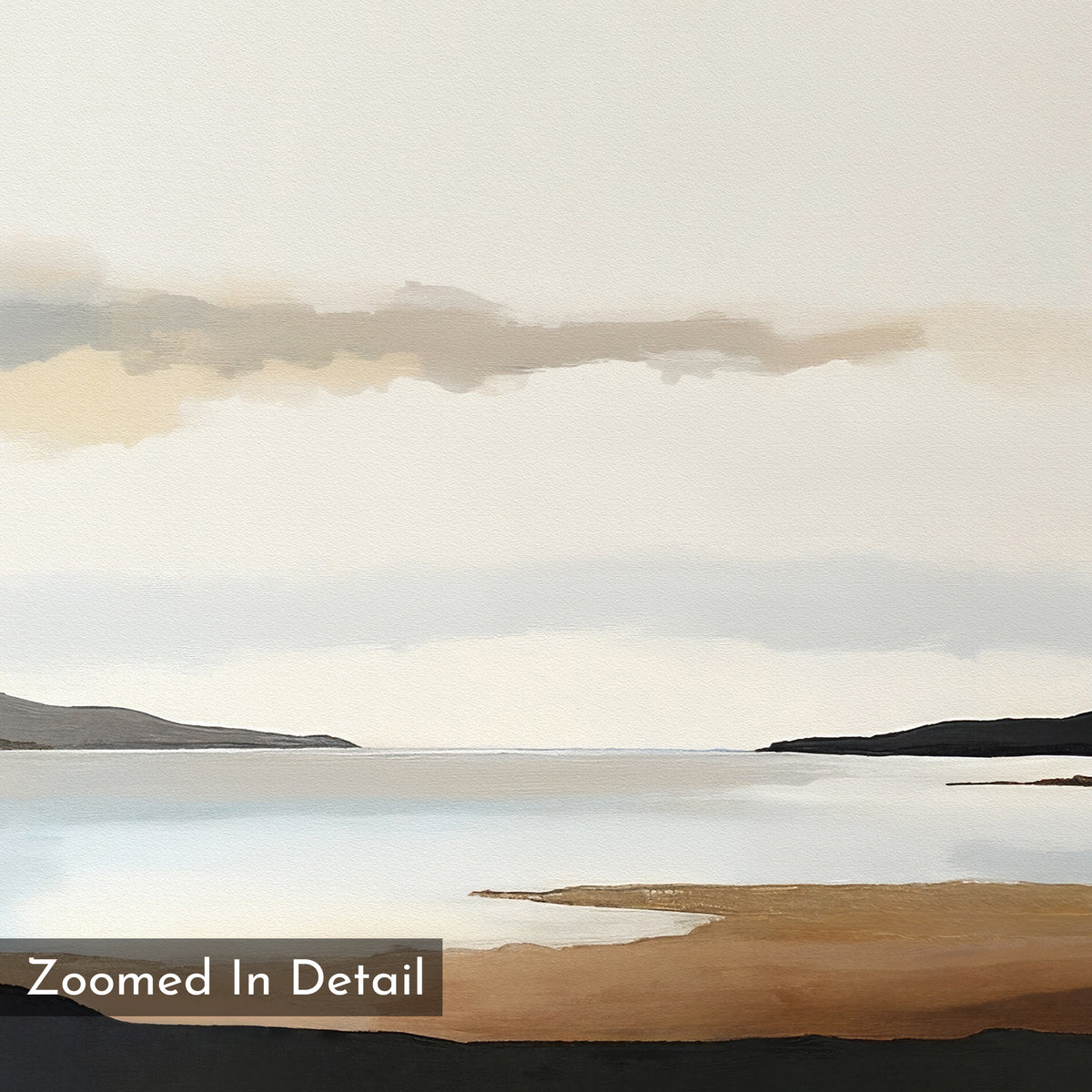 The Nordic Waters Canvas Art - Horizontal features a minimalist landscape with calm water, distant dark hills, soft muted clouds, and a sandy shore—perfect as calming wall art for any space. "Zoomed In Detail" text appears in the bottom left.