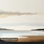 The Nordic Waters Canvas Art - Horizontal features a minimalist landscape with calm water, distant dark hills, soft muted clouds, and a sandy shore—perfect as calming wall art for any space. "Zoomed In Detail" text appears in the bottom left.