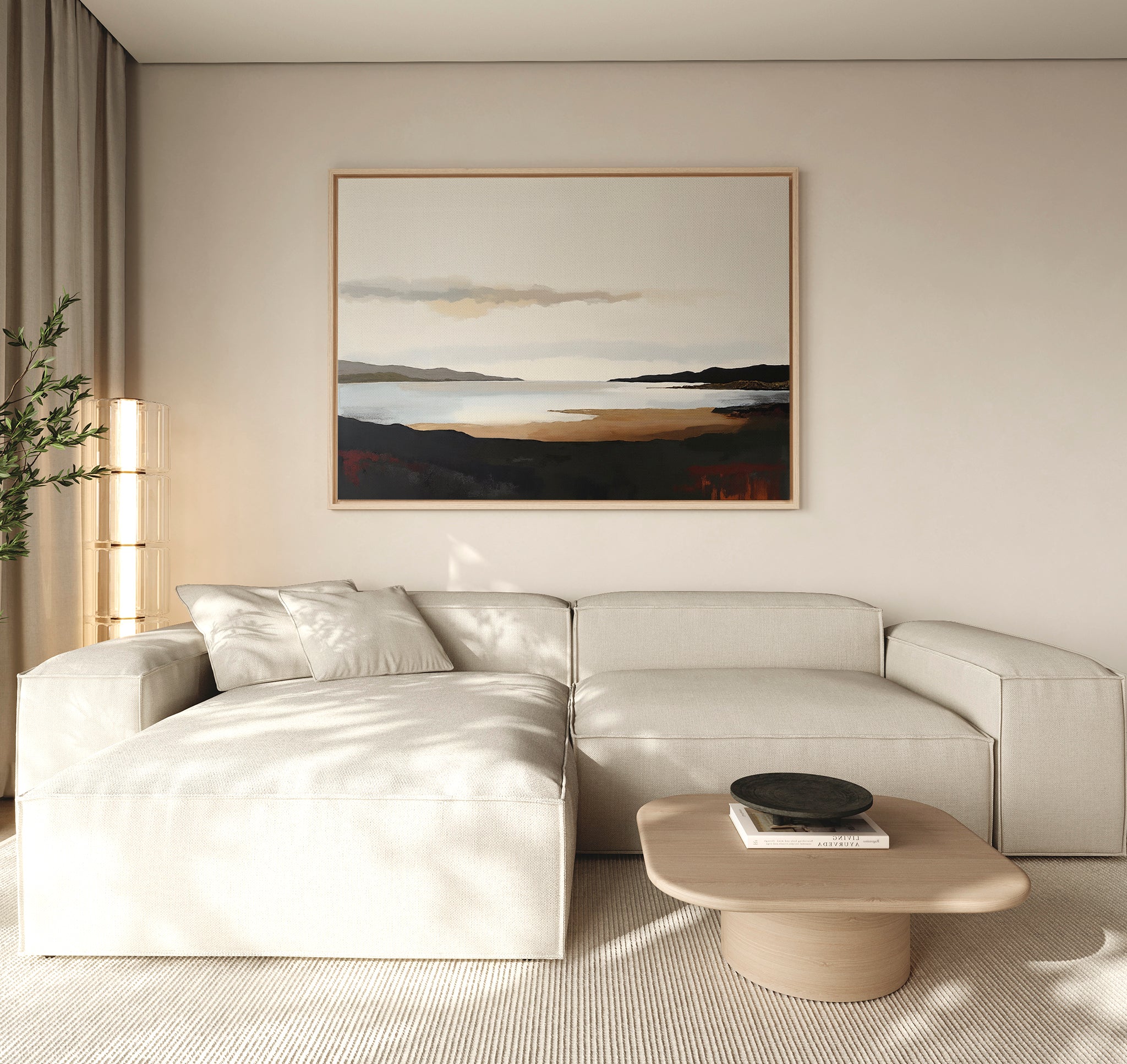 A modern living room featuring a light beige sectional sofa, round wooden coffee table with a black bowl, tall plant, and the Nordic Waters Canvas Art - Horizontal above the sofa. Neutral tones and natural light complete the scene.
