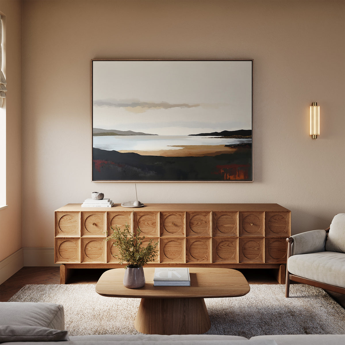A modern living room with a wooden sideboard, the Nordic Waters Canvas Art - Horizontal above it, a light wood coffee table, a beige sofa, and soft lighting creates a warm and minimalist atmosphere.