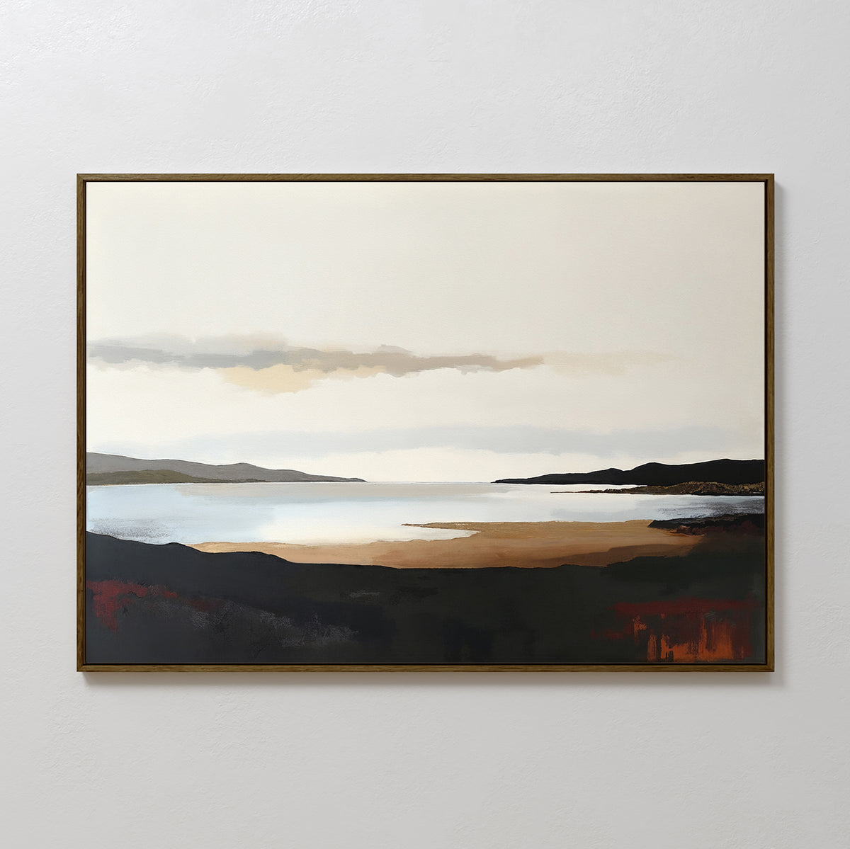 The Nordic Waters Canvas Art - Horizontal showcases a serene nordic landscape with muted sky, distant mountains, and reflective water in earthy browns, blacks, and beige—ideal as calming wall art for any room.