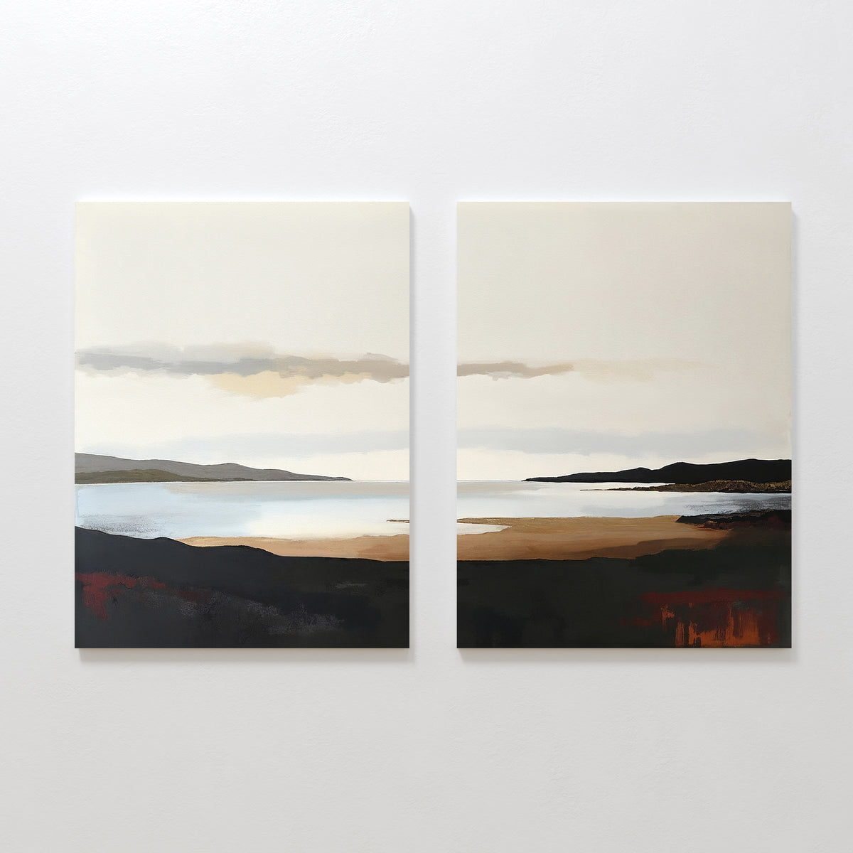 Nordic Waters - Set Of 2: Two abstract landscape prints in muted tones, showing calm water and distant hills under a cloudy sky—perfect Nordic decor for a relaxing room or coastal wall art.