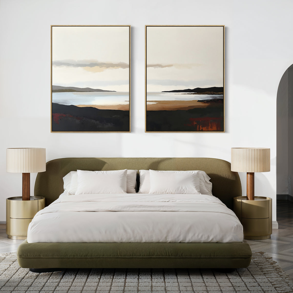 A modern bedroom features a low green bed with white bedding, beige nightstands and lamps, and the "Nordic Waters - Set Of 2" coastal wall art above the headboard on a white wall, creating calming decor.