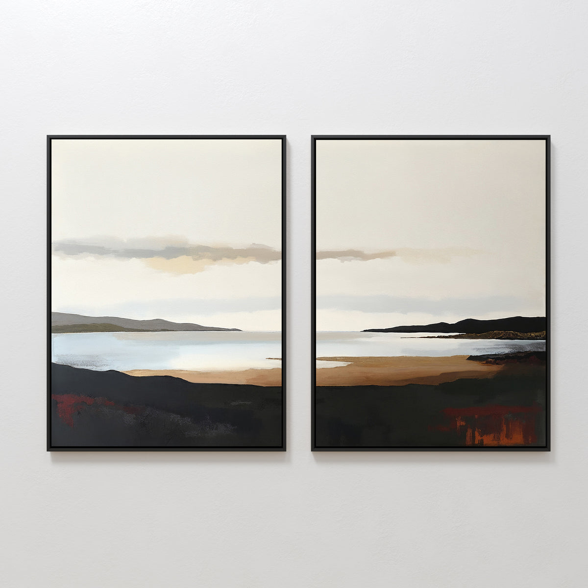 The Nordic Waters - Set Of 2 features framed Nordic landscape prints showing a tranquil lake and distant hills beneath a cloudy sky in soft earth tones, ideal for creating calming room decor.