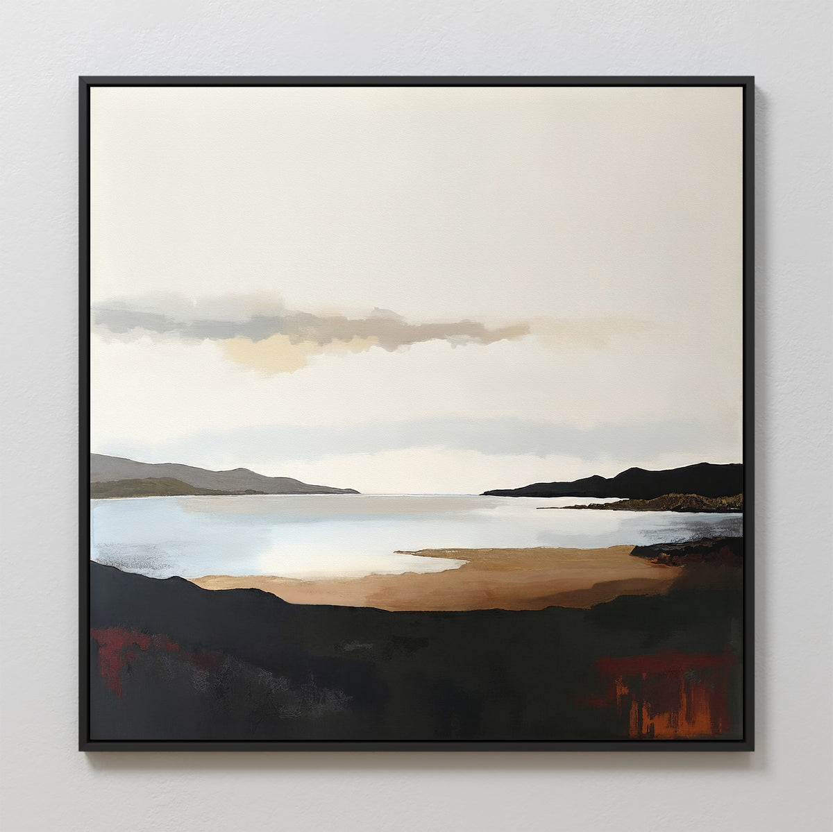 The "Nordic Waters Canvas Art - Square" features a serene lake scene with distant hills under a cloudy sky in soft, neutral tones and abstract dark shapes—an ideal choice for sophisticated decor.