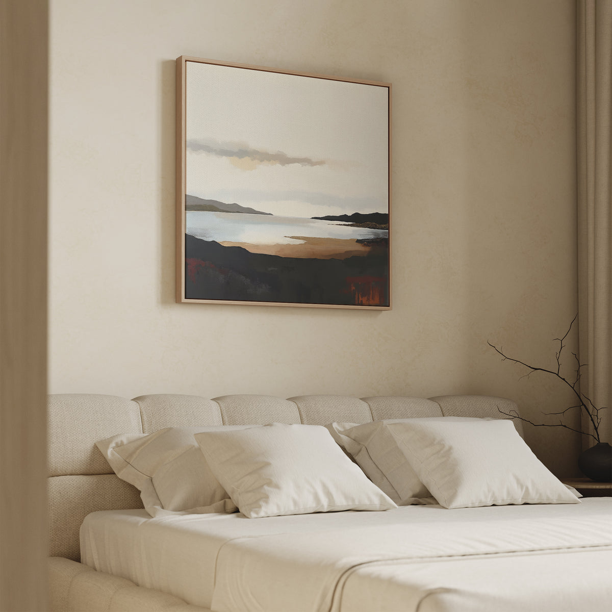 A minimalist bedroom features a beige bed, white pillows, and neutral walls. Above the bed hangs the Nordic Waters Canvas Art - Square, a calming abstract in soft earth tones. A bare branch on the nightstand completes the sophisticated decor.