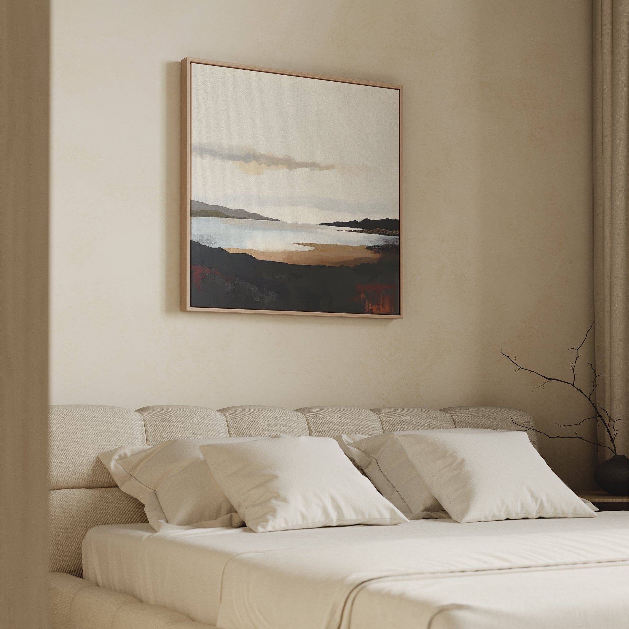 A minimalist bedroom features a beige bed, white pillows, and neutral walls. Above the bed hangs the Nordic Waters Canvas Art - Square, a calming abstract in soft earth tones. A bare branch on the nightstand completes the sophisticated decor.