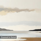 Nordic Waters Canvas Art - Square: This minimalist Nordic landscape print showcases calm water, distant hills, and a cloudy sky in muted tones for soothing wall décor. "Zoomed In Detail" appears in the bottom left corner.