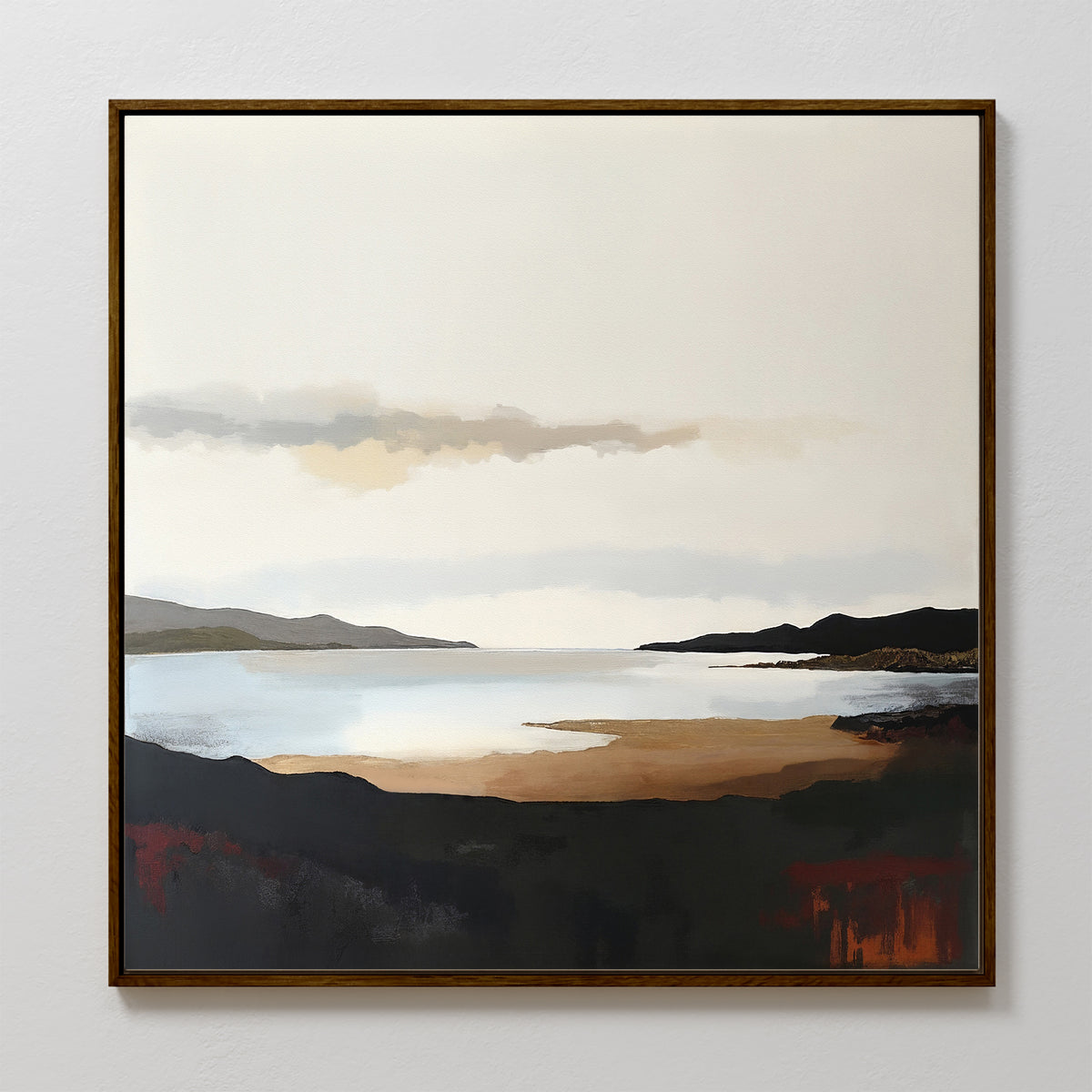 The Nordic Waters Canvas Art - Square features a minimalist Nordic landscape with calm water, distant hills, and a cloudy sky in muted earth tones, black, and white—perfect for creating a serene atmosphere on any plain white wall.