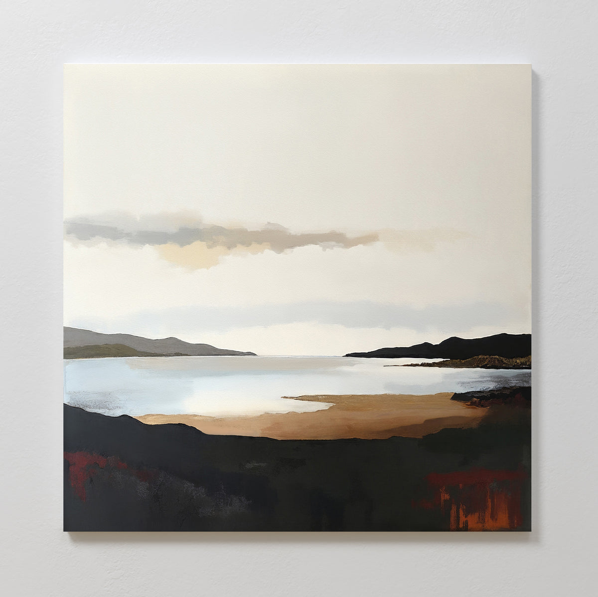 The Nordic Waters Canvas Art - Square showcases a minimalist landscape with calm waters, earthy landforms, and soft clouds in a pale sky. Its muted tones add a touch of sophistication to any decor.