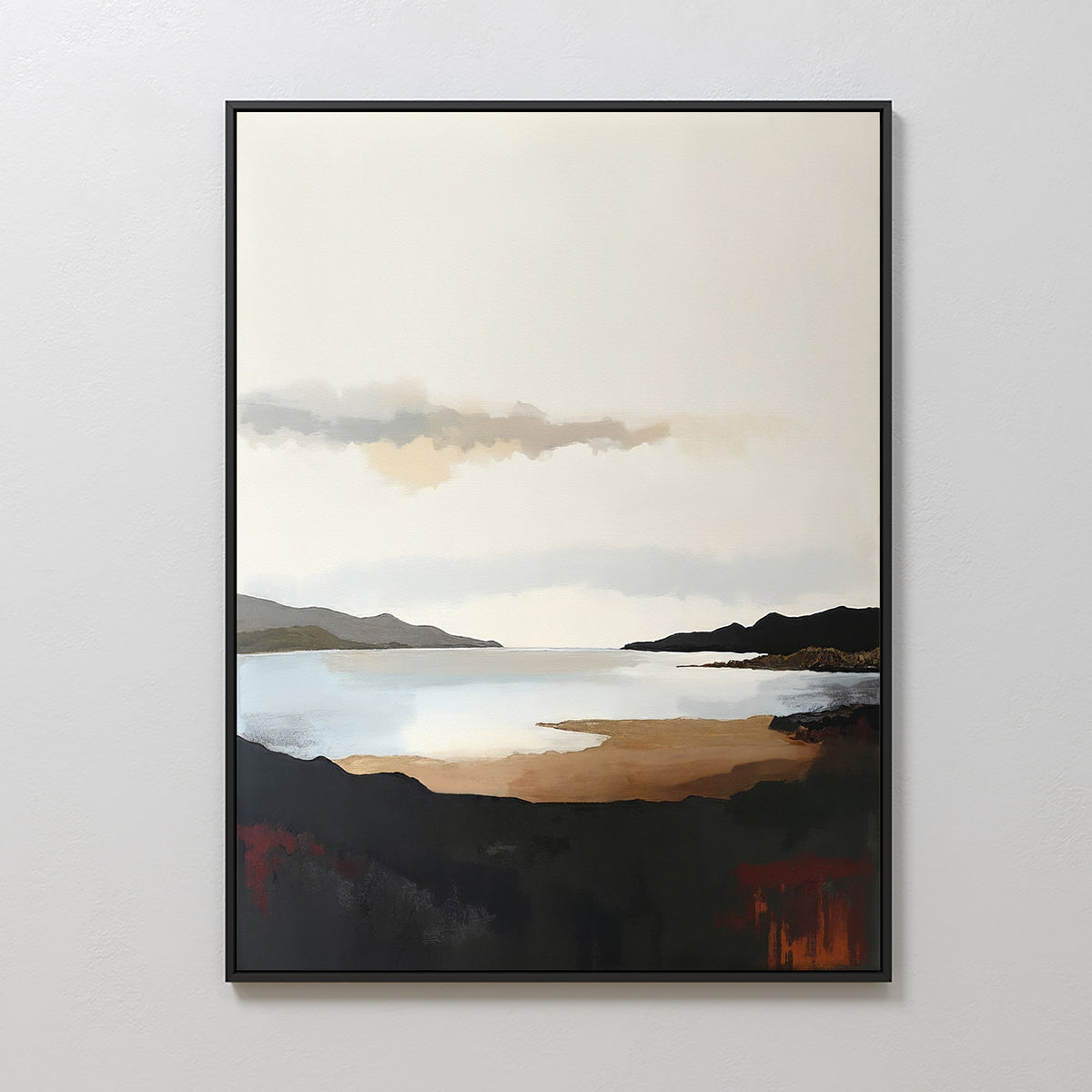 The Nordic Waters Canvas Art - Vertical features a tranquil Nordic landscape with reflective water, distant mountains, and a cloudy sky in earthy brown, black, and beige tones—perfect wall art for a serene atmosphere.