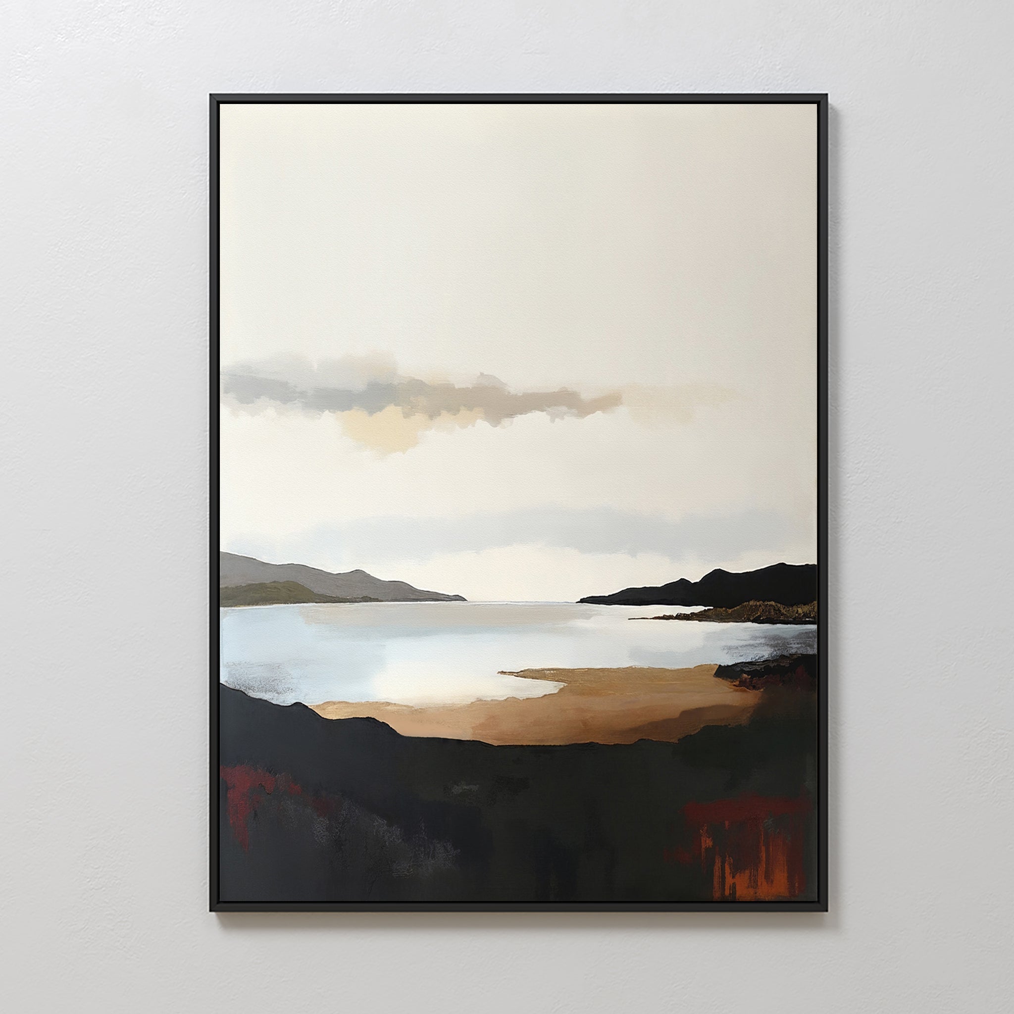 The Nordic Waters Canvas Art - Vertical features a tranquil Nordic landscape with reflective water, distant mountains, and a cloudy sky in earthy brown, black, and beige tones—perfect wall art for a serene atmosphere.