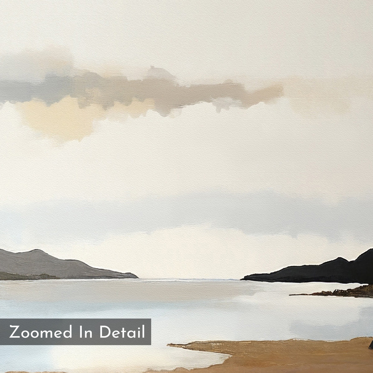 The Nordic Waters Canvas Art - Vertical features a serene Nordic landscape with calm water, soft muted colors, distant hills, and a sandy shore. A label in the corner reads “Zoomed In Detail.”.