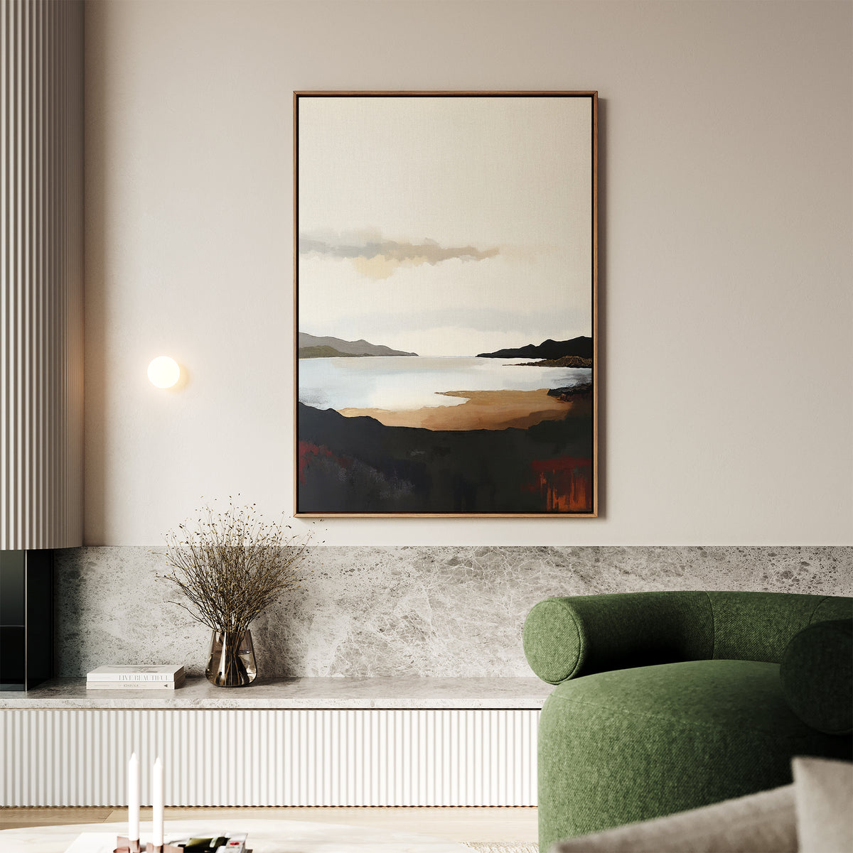 A modern living room with a green chair, marble accents, dried flowers in a vase, and the Nordic Waters Canvas Art - Vertical featuring mountains, water, and earthy tones as calming wall art.