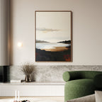 A modern living room with a green chair, marble accents, dried flowers in a vase, and the Nordic Waters Canvas Art - Vertical featuring mountains, water, and earthy tones as calming wall art.
