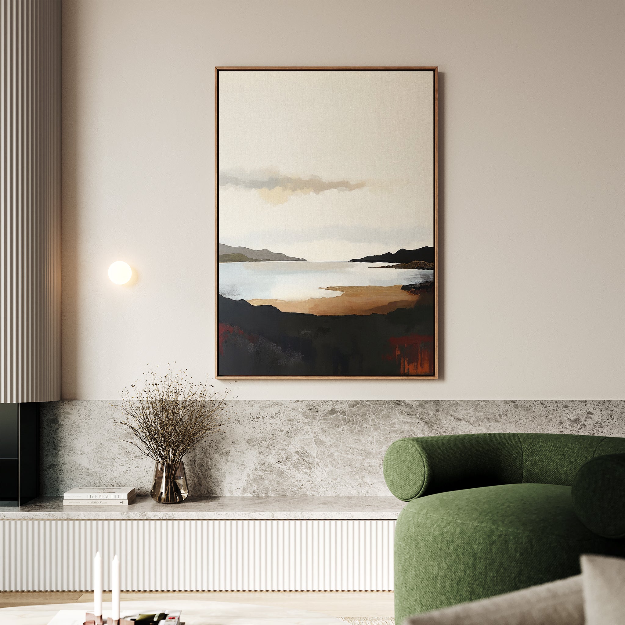 A modern living room with a green chair, marble accents, dried flowers in a vase, and the Nordic Waters Canvas Art - Vertical featuring mountains, water, and earthy tones as calming wall art.