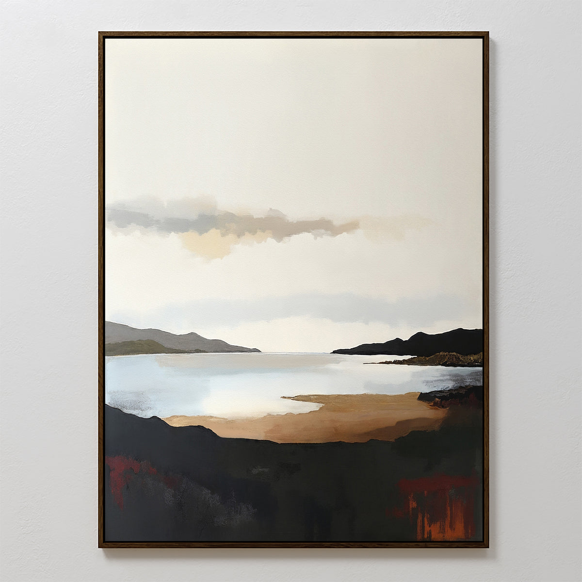 The Nordic Waters Canvas Art - Vertical features a calm Nordic landscape with a serene lake, distant mountains, and a pale sky. Earthy tones blend into lighter shades, creating calming wall art perfect for any space.